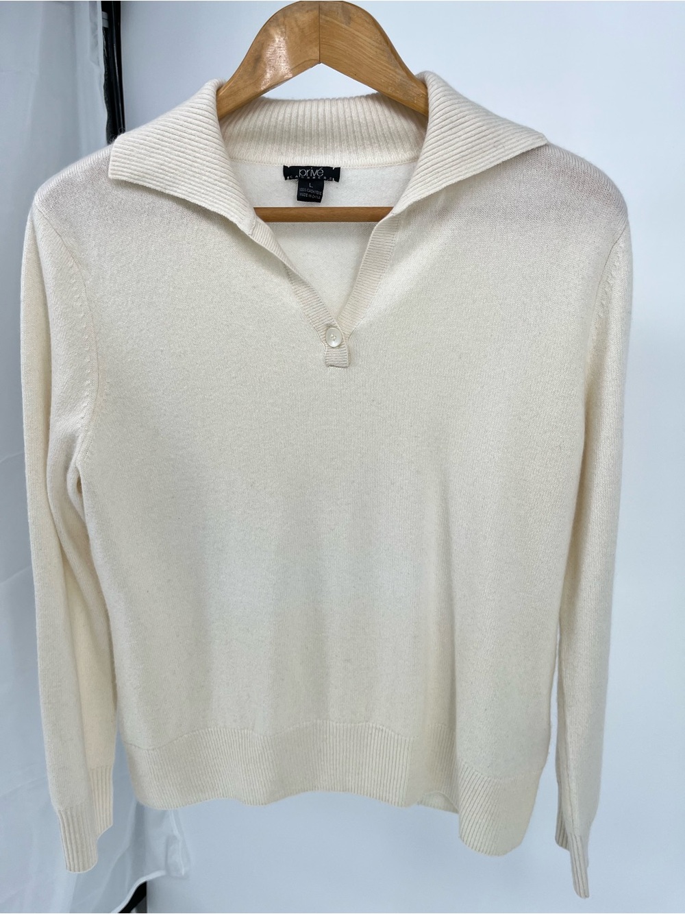 Prive Cashmere Ivory 100% Cashmere Collared Knit Sweater Button Neck Size Large